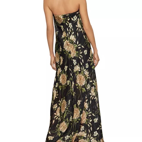 Bcbg strapless maxi gown. Black with green and gold large print. Size S fits S-M - Picture 7 of 7